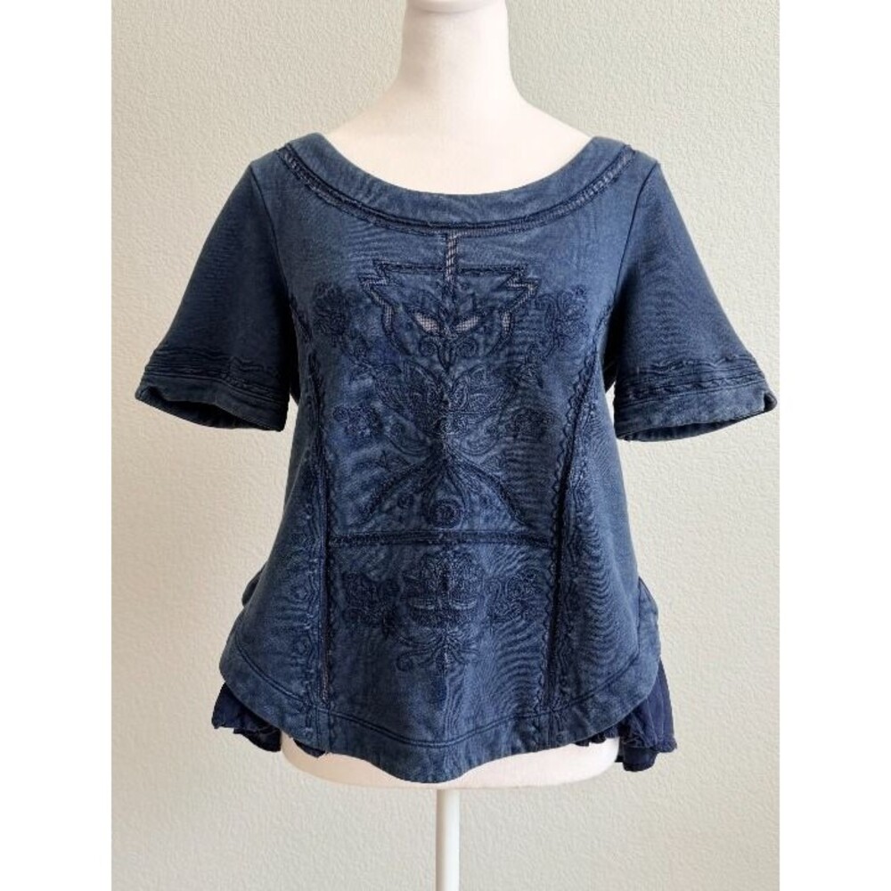 NWT Anthropologie Saturday Sunday Embroidered Peplum Sweatshirt Top Navy S